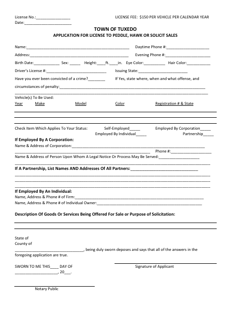 First page of the Application for License to Peddle, Hawk or Solicit Sales