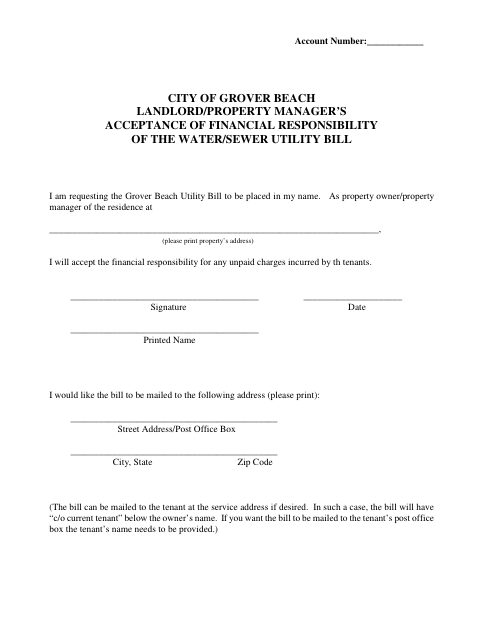 First page of the Landlord/Property Manager’s Acceptance of Financial Responsibility for the Water/Sewer Utility Bill