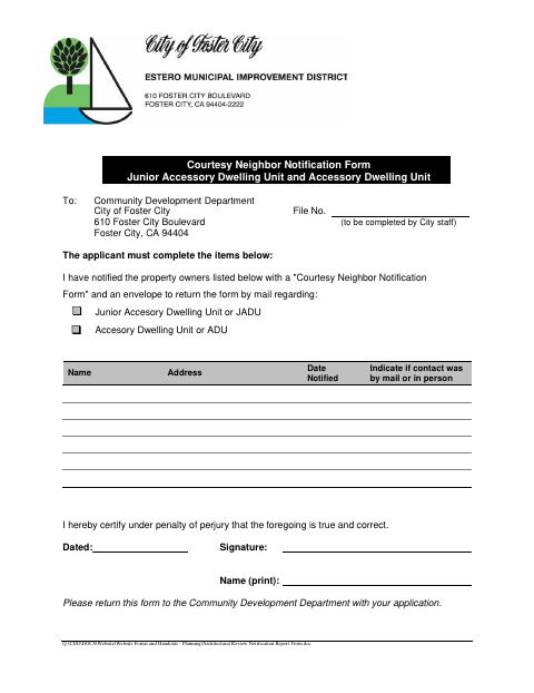 First page of the Courtesy Neighbor Notification Form for Junior Accessory Dwelling Units and Accessory Dwelling Units