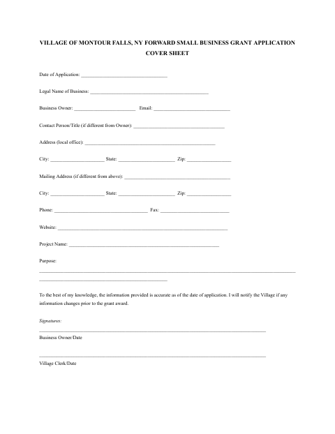 First page of the Forward Small Business Grant Application Cover Sheet