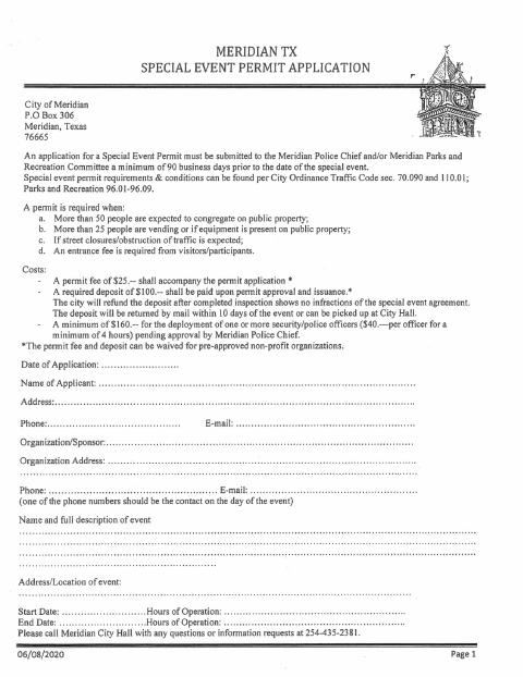 First page of the Special Event Permit Application