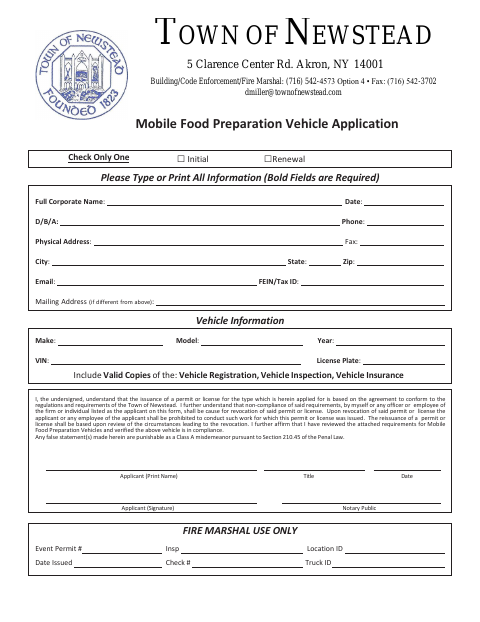 First page of the Mobile Food Preparation Vehicle Application