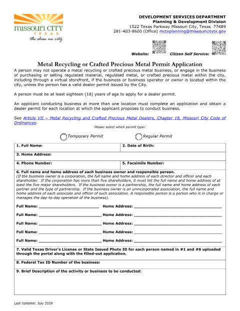 First page of the Metal Recycling or Crafted Precious Metal Permit Application