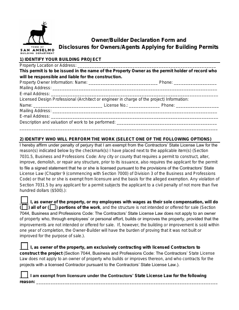 First page of the Owner/Builder Declaration Form and Disclosures