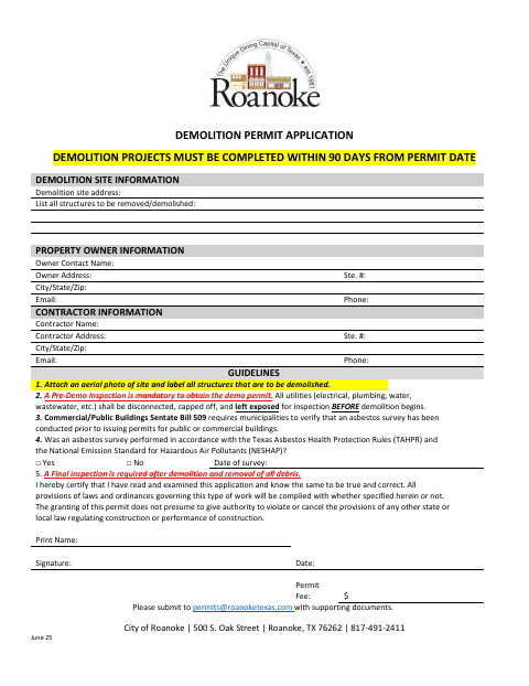 First page of the Demolition Permit Application