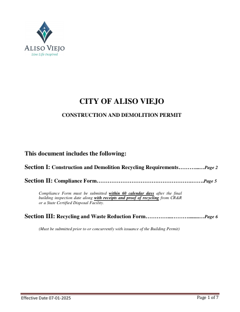 First page of the Construction and Demolition Permit