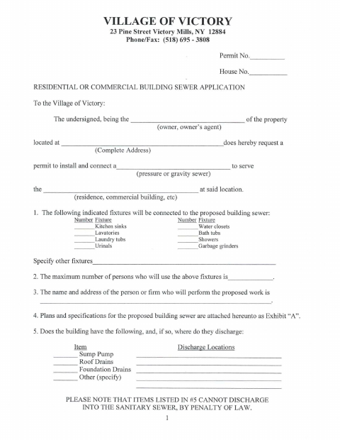 First page of the Residential or Commercial Building Sewer Application