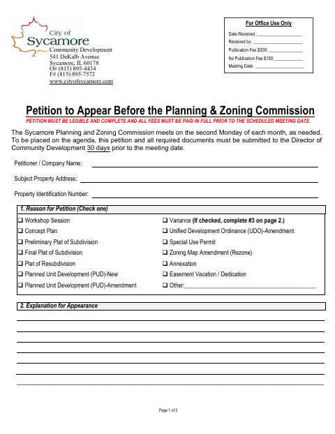 First page of the Petition to Appear Before the Planning & Zoning Commission