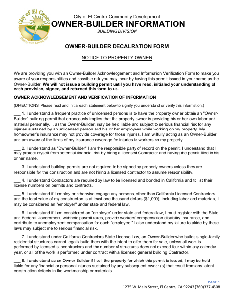 First page of the Owner-Builder Declaration Form