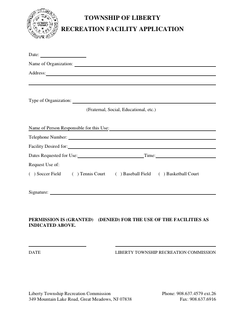 First page of the Recreation Facility Application