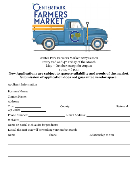 First page of the Center Park Farmers Market Vendor Application