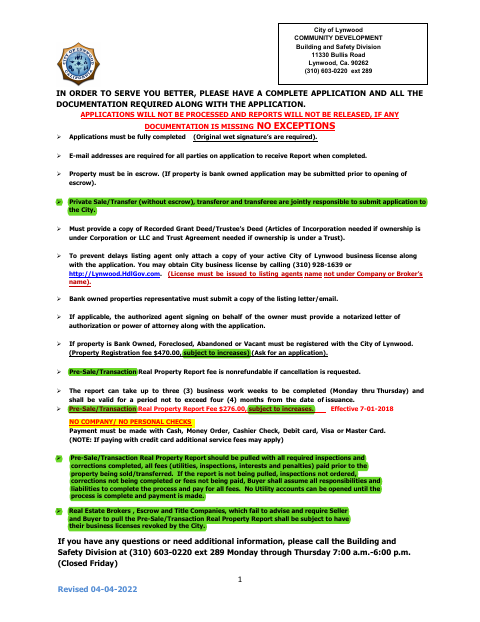 First page of the Pre-Sale/Transaction Real Property Report Application