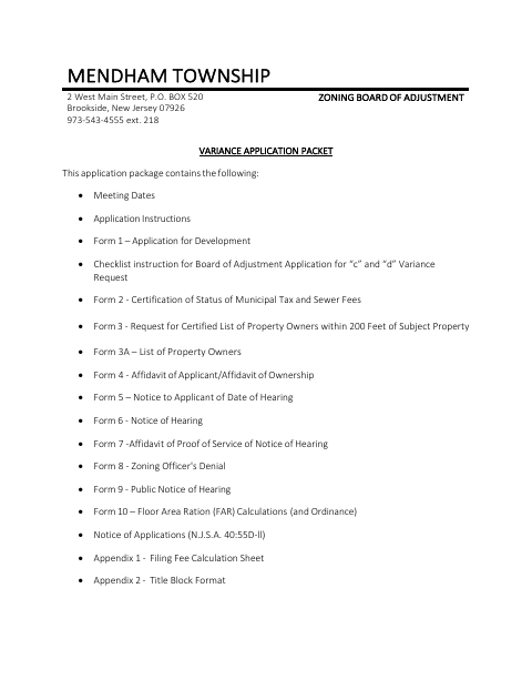 First page of the Zoning Board of Adjustment Variance Application Packet