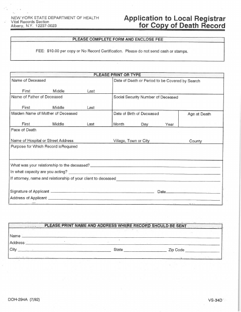 First page of the Application for Copy of Death Record