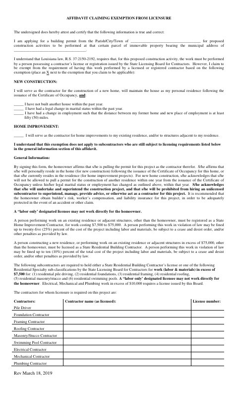 First page of the Affidavit Claiming Exemption From Licensure