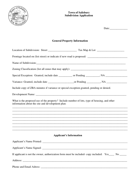 First page of the Subdivision Application