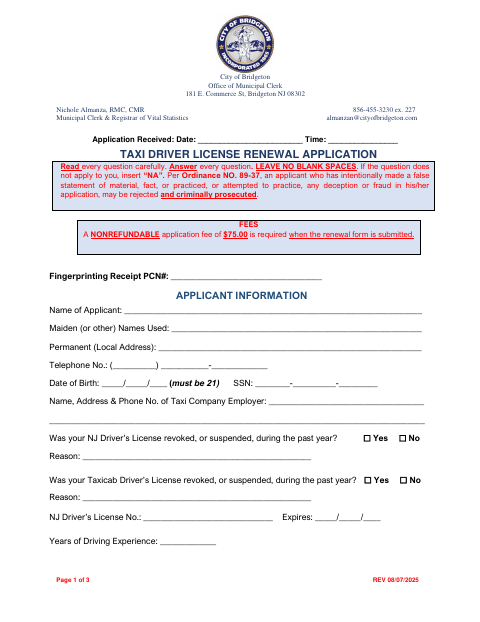 First page of the Taxi Driver Renewal Application