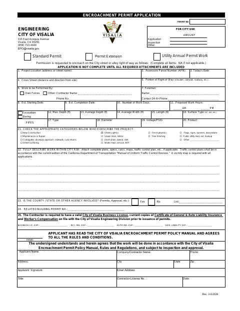 First page of the Encroachment Permit Application