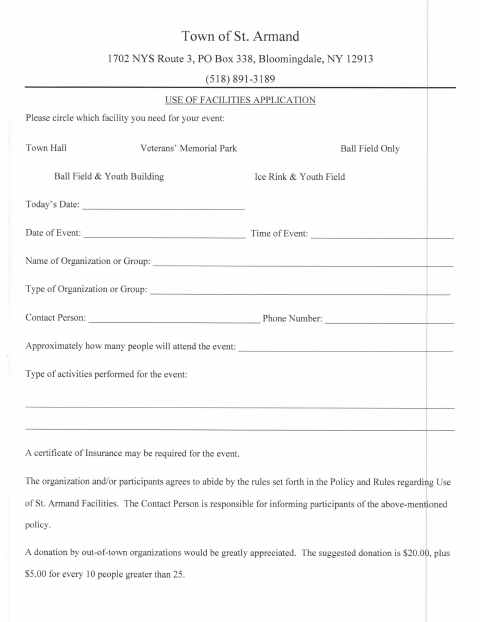 First page of the Use of Facilities Application