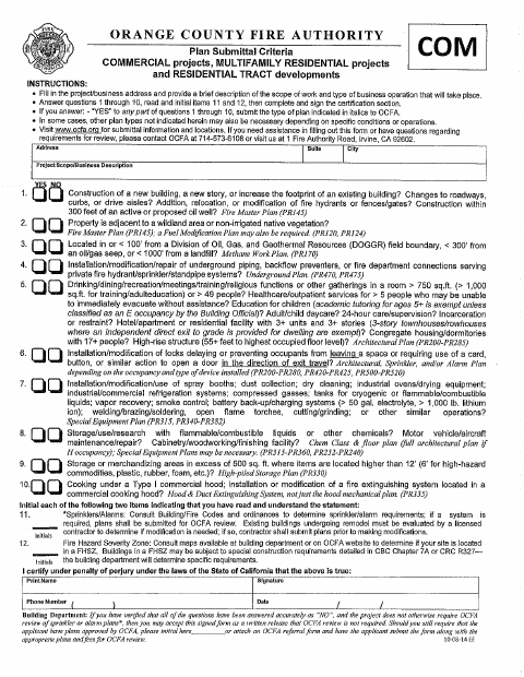 First page of the OCFA Commercial Pre-Screening