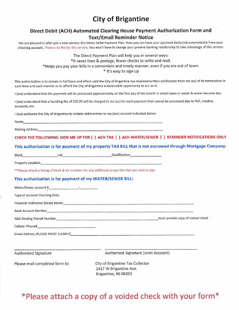 First page of the Direct ACH Payment Authorization and Text/Email Reminder Notice