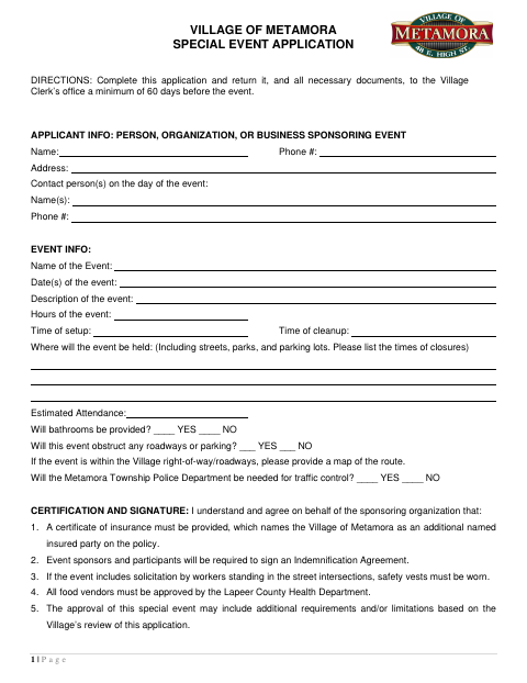 First page of the Special Event Application
