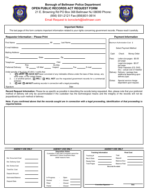 First page of the Open Public Records Act Request Form