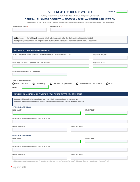 First page of the Central Business District Sidewalk Display Permit Application