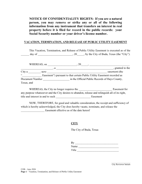 First page of the Vacation, Termination, and Release of Public Utility Easement