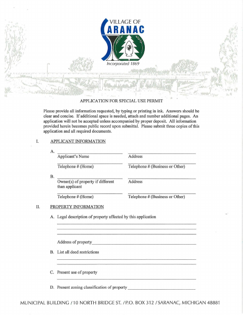First page of the Special Use Permit Application