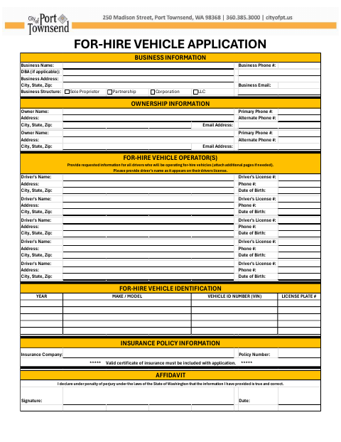 First page of the For-Hire Vehicle Application