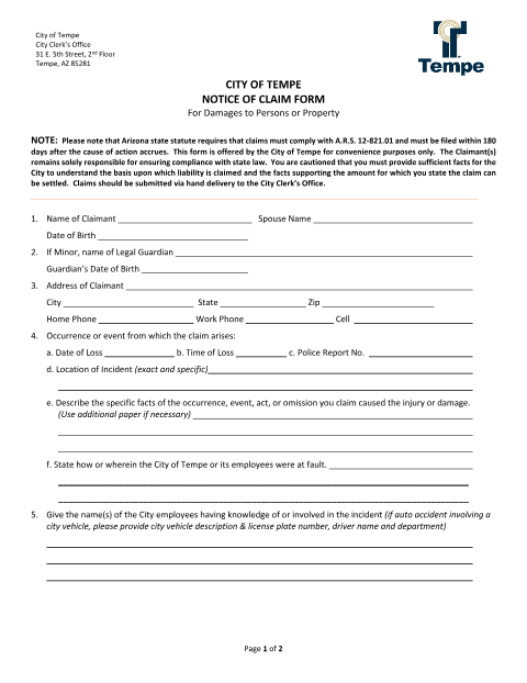 First page of the Notice of Claim Form