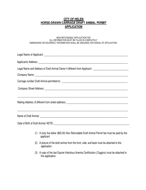 First page of the Horse-Drawn Carriage Draft Animal Permit Application