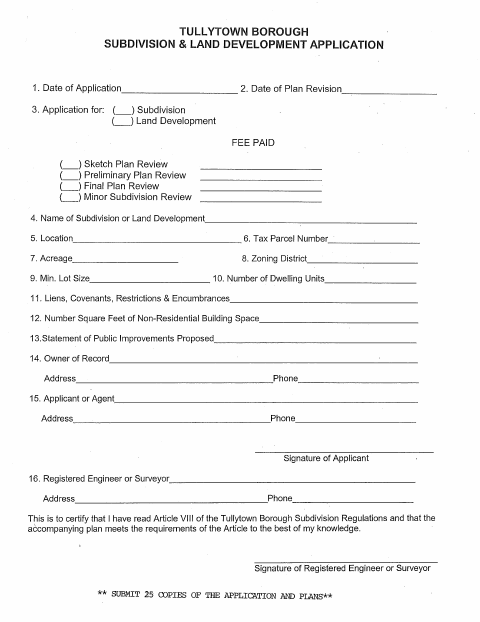 First page of the Subdivision and Land Development Application
