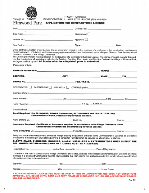 First page of the Contractor License Application