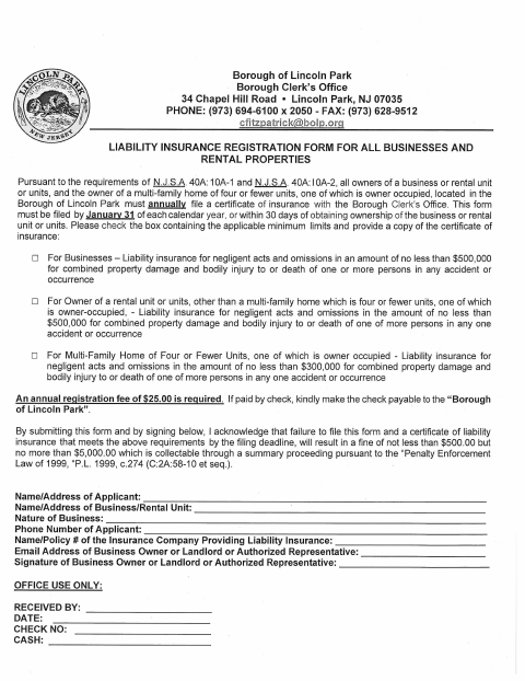 First page of the Liability Insurance Registration Form