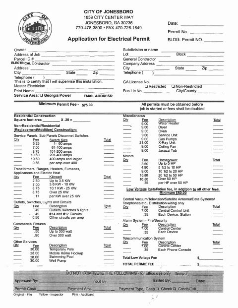 First page of the Application for Electrical Permit