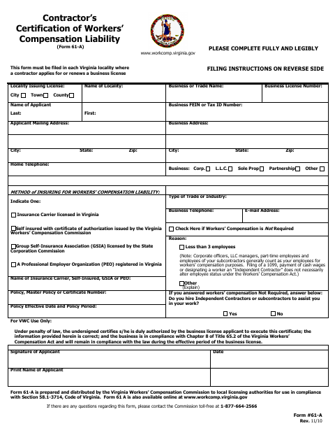 First page of the Contractor’s Certification of Workers’ Compensation Liability (Form 61-A)