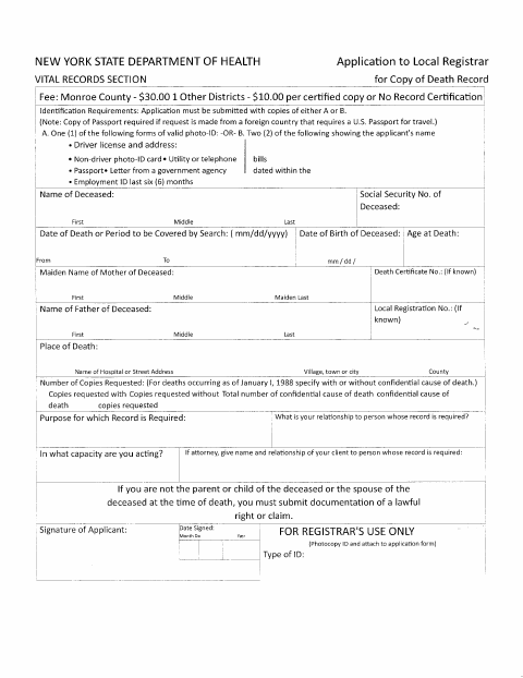 First page of the Application for a Copy of Death Record