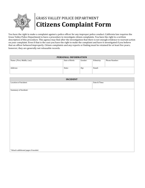 First page of the Citizens Complaint Form