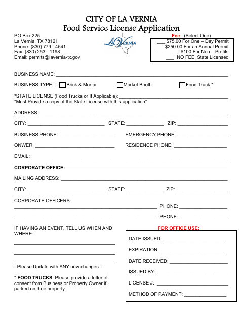 First page of the Food Service License Application