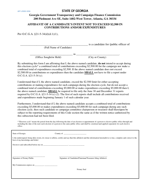 First page of the Candidate Intent Not to Exceed $2,500 Affidavit
