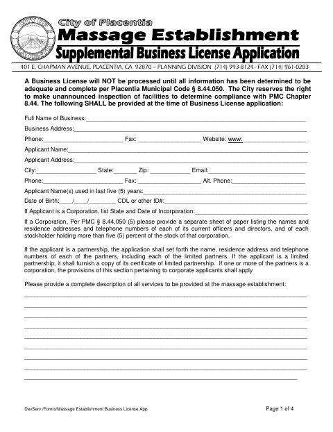 First page of the Massage Establishment Supplemental Business License Application