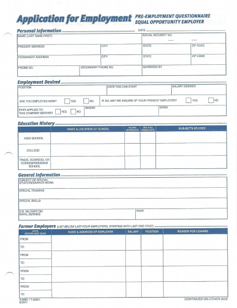 First page of the Street Department Employment Application