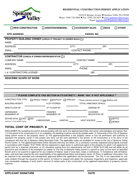 First page of the Residential Construction Permit Application