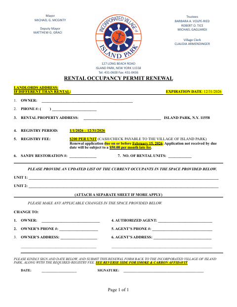 First page of the Rental Occupancy Permit Renewal