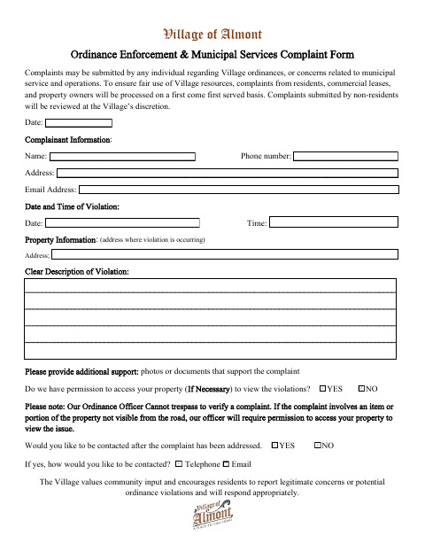 First page of the Ordinance Enforcement & Municipal Services Complaint Form