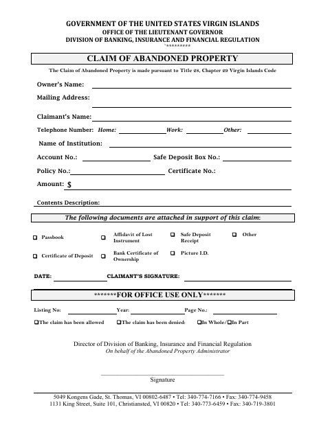 First page of the Claim of Abandoned Property