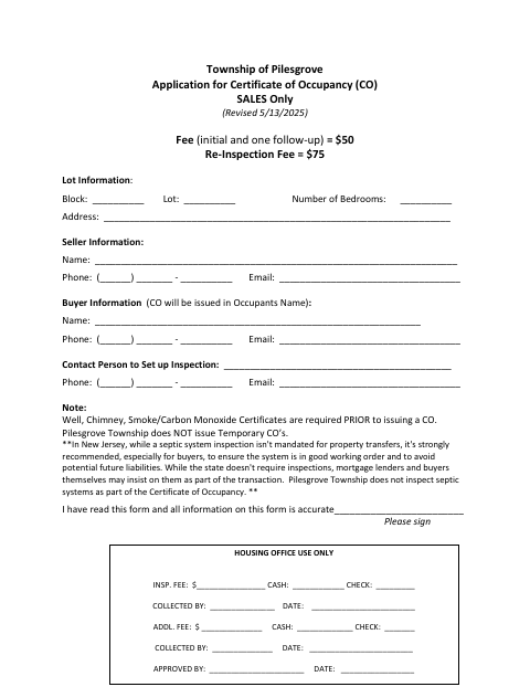 First page of the Application for Certificate of Occupancy (CO) Sales Only