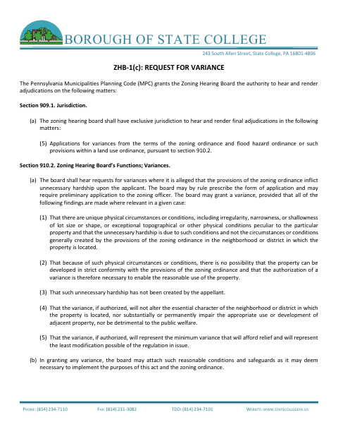 First page of the Request for Variance